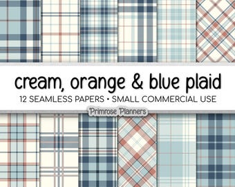 Rustic Plaid Patterns, Burnt Orange Blue Cream, Seamless Digital Paper, Western Buffalo Check, Commercial Use Backgrounds, 300 DPI