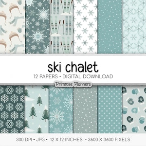 Winter Ski Digitales Papier, neutrale blaue Teal-Braun-Muster, Vintage-Schnee-Hintergründe, Après-Ski-Berghütte-Sammelalbum