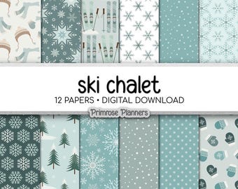 Winter Ski Digital Paper, Neutral Blue Teal Brown Patterns, Vintage Snow Backgrounds, Après Ski Mountain Lodge Scrapbook