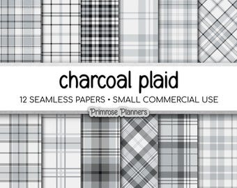 Seamless Charcoal Grey Plaid Digital Paper, Dark Buffalo Check, Tartan Patterns, Commercial Use Scrapbook Backgrounds, 300 DPI