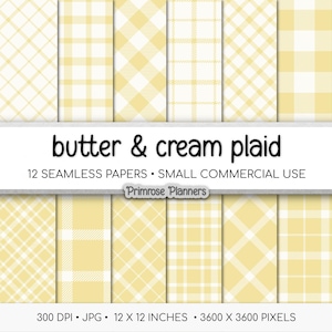 Könnte beinhalten: Zwölf nahtlose digitale Papiere mit Butter- und Sahne-Plaid-Mustern. Das Bild zeigt verschiedene Karomuster in Gelb und Weiß. Der Text auf dem Bild lautet "butter & cream plaid" und "12 seamless papers". Die Papiere sind 30,48 cm x 30,48 cm groß.