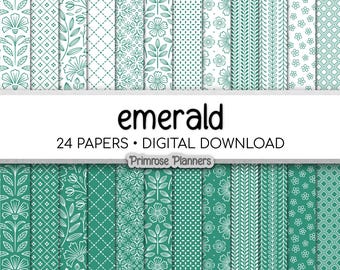 Emerald Green Digital Paper Minimal Boho | White Dainty Floral Seamless Patterns | Jewel Tone Scrapbook Pack