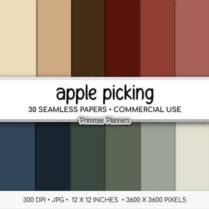 May include: A digital paper set titled "apple picking" with 30 seamless papers. The color palette includes shades of beige, brown, red, and green. The papers are 30.48 cm x 30.48 cm and 3600 x 3600 pixels. The image also includes the text "Primrose Planners".