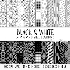 Paquet de papier numérique à motifs noir et blanc | Papier numérique à rayures | Papier de scrapbooking imprimable | Téléchargement instantané | Floral, Fleurs, Points
