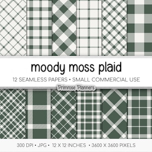 May include: A collection of twelve seamless digital papers featuring various plaid patterns in shades of green and white. The text "moody moss plaid" is displayed above the patterns, with additional text indicating the papers are 12 x 12 inches.