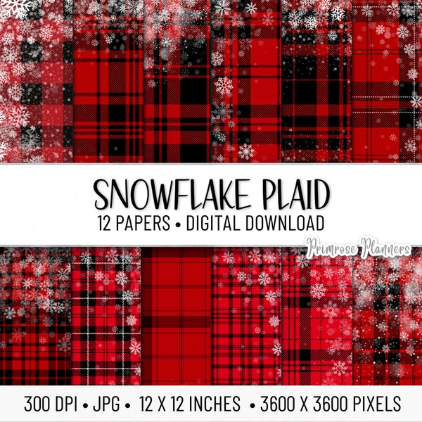 Snowflake Plaid Digital Paper Pack | Digital Plaid Paper | Holiday Digital Paper | Instant Download | Tartan Plaid | Red Plaid | Snowflakes