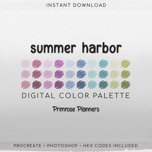 May include: A digital colour palette titled "Summer Harbour" with a variety of pastel colours. The palette includes shades of pink, purple, blue, teal, and green. Text includes "Instant Download", "Digital Colour Palette", and "Procreate, Photoshop, Hex Codes Included".
