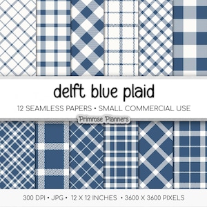 May include: A collection of delft blue plaid digital papers. The image shows 12 seamless patterns in shades of blue and white, with grid and diamond designs. The text reads "delft blue plaid" and "12 x 12 inches", which is approximately 30 x 30 cm.
