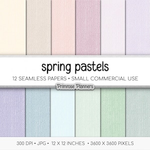 Peut inclure: Un pack de papiers numériques avec douze papiers sans couture aux couleurs pastel. Les papiers comprennent des nuances de crème, de rose, de lavande et de vert. Le texte indique "spring pastels" et "12 papiers sans couture". Chaque papier mesure 30.48 x 30.48 cm.