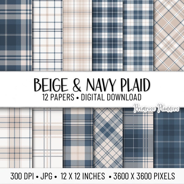 Beige and Navy Tartan Digital Paper Pack | Digital Plum Paper | Neutral Digital Paper | Instant Download for Commercial Use | Navy Tan Plaid