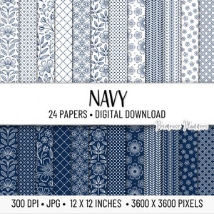 NAVY Blau Patterns Digital Paper Pack | Digitales gestreiftes Papier | Druckbares Scrapbook Papier | Basispapier | Sofortdownload | Floral, Blumen