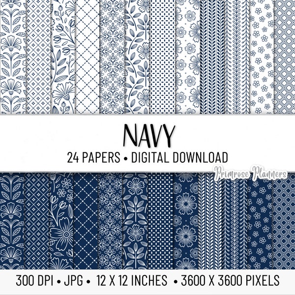 NAVY Blue Patterns Digital Paper Pack | Digital Striped Paper | Printable Scrapbook Paper | Base Paper | Instant Download | Floral, Flowers