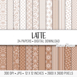 Pacote de papel digital com padrão marrom LATTE | Papel listrado digital | Papel para scrapbook para impressão | Papel base | Download instantâneo | Floral, Flores