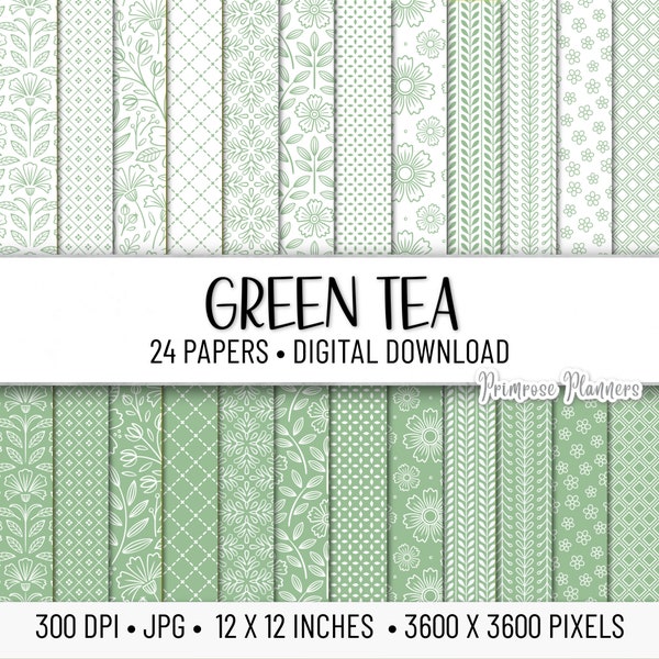 GREEN TEA Patterns Digital Paper Pack | Digital Striped Paper | Printable Scrapbook Paper | Base Paper | Instant Download | Floral, Flowers