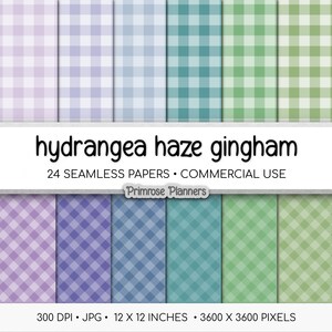 Hydrangea Gingham Digital Paper | Seamless Periwinkle, Lavender & Sage Plaid | Commercial Use Muted Cottagecore Patterns | Spring Background