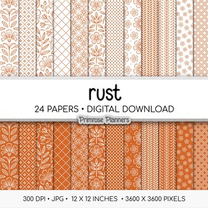 Puede incluir: Descarga digital de 24 papeles estampados de color óxido. Cada papel presenta un diseño único, incluyendo patrones florales, geométricos y de hojas. El texto "rust" se muestra prominentemente, junto con "24 PAPERS DIGITAL DOWNLOAD". Los papeles miden 30.48 cm x 30.48 cm.