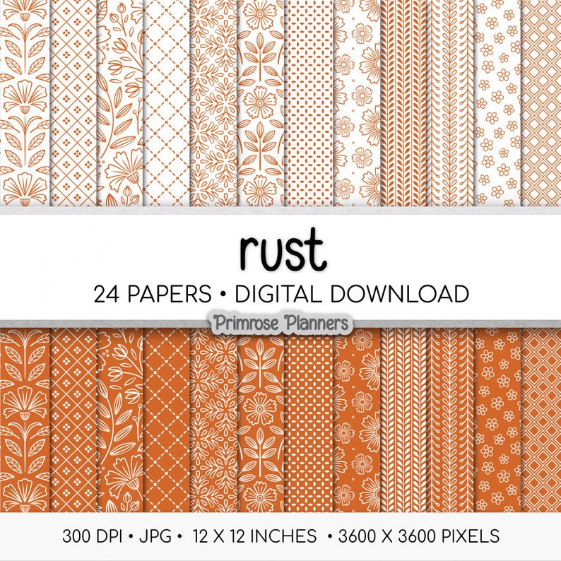 Rust Orange Digital Paper Pack, Minimal Boho Floral Patterns ...