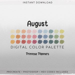 Paleta de cores de agosto para Procreate e amostras para Photoshop, tons de amarelo, laranja, rosa, azul e verde do final do verão, códigos hexadecimais.