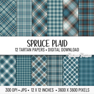 Spruce Blue Tartan Plaid Digital Paper Pack | Plaid Background | Printable Paper | Instant Download for Commercial Use | Brown, Teal, Winter