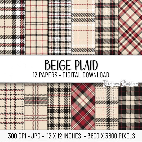 Beige Red Black Plaid Digital Paper Pack | Digital Plaid Paper | Beige Digital Paper | Instant Download | Tartan Plaid | Commercial Use