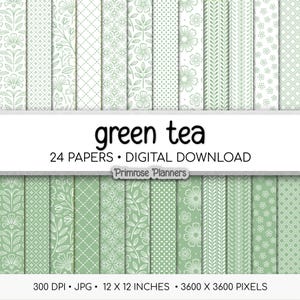 Green Tea Digital Paper Minimal Boho | Soft Sage White Patterns | Dainty Floral Botanical Pack