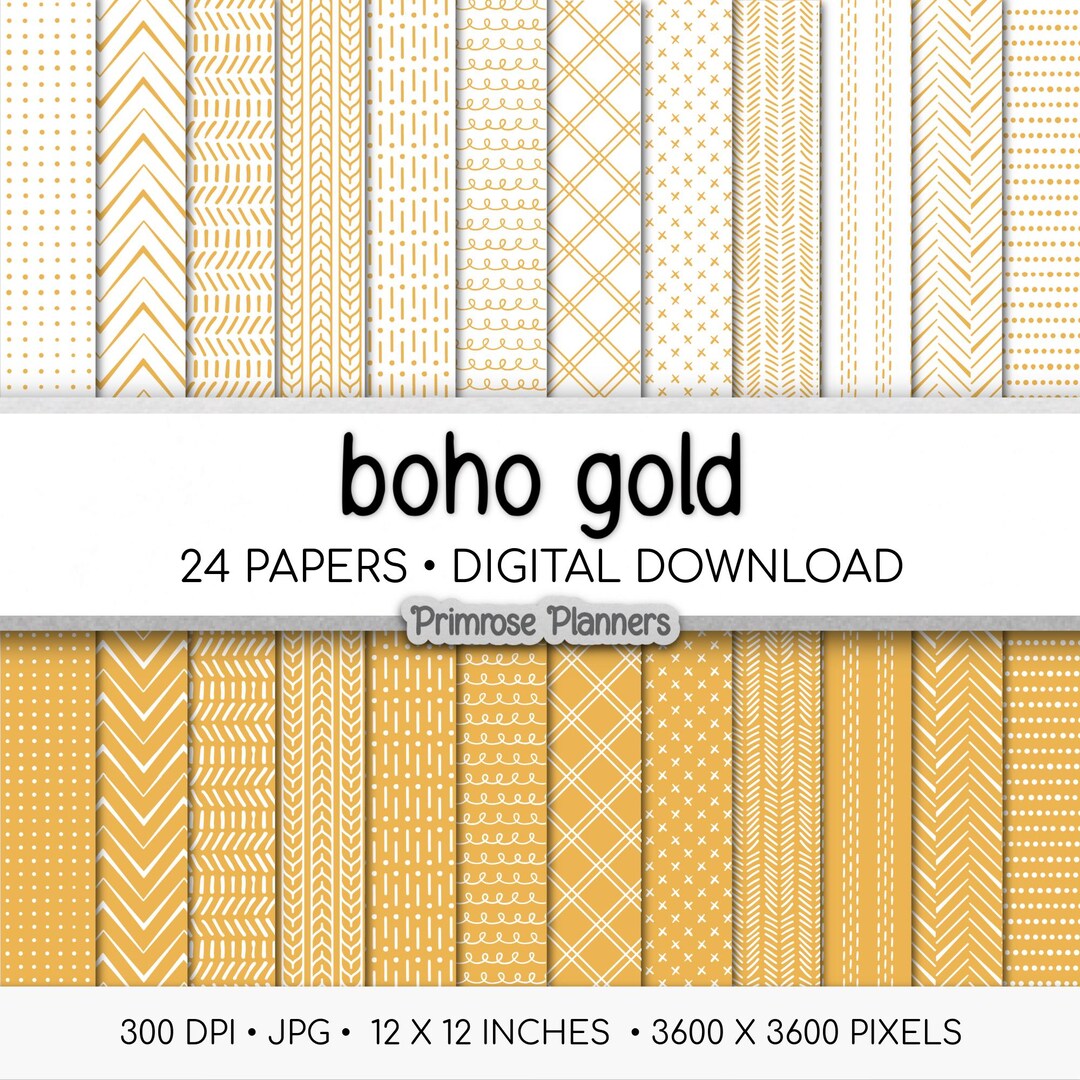Boho Gold Digital Paper | Minimalist Mustard Yellow & White Patterns ...