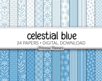 Periwinkle Sky Blue Floral Digital Paper, Minimal White Flower Seamless Patterns, Light Pastel Scrapbook Backgrounds