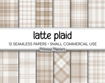 Seamless Latte Tan and Cream Plaid Digital Paper, Buffalo Check, Beige Oatmeal Tartan, Neutral Boho Scrapbook, Commercial Use, 300 DPI