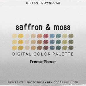 May include: A digital colour palette named "saffron & moss" featuring a range of colours in rows. The palette includes shades of yellow, beige, brown, red, blue, and green. Text at the top reads "INSTANT DOWNLOAD". The bottom text says "DIGITAL COLOUR PALETTE" and "Primrose Planners".
