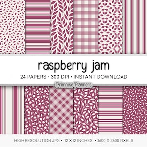 May include: A digital paper pack featuring various patterns in shades of raspberry and white. Designs include stripes, floral, and gingham. The text "raspberry jam" is displayed, along with details about the papers, including 12 x 12 inches.