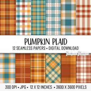 Pumpkin Tartan Digital Paper Pack | Digital Orange and Teal Paper | Autumn Digital Paper | Instant Download for Commercial Use | Plaid
