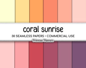 Solid Digital Paper Coral Sunset | Warm Muted Palette | Coral, Pink, Orange, Dusky Purple, Pale Yellow | Commercial Use Background