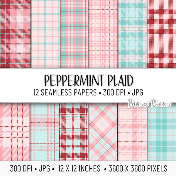 Peppermint Plaid Digital Paper Pack | Digital Plaid Paper | Holiday Digital Paper | Instant Download | Tartan Plaid | Red and Pink