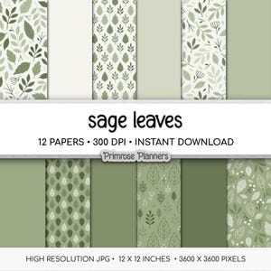 May include: A digital collection of 12 papers featuring sage leaves patterns in various shades of green and off-white. The text reads sage leaves, 12 PAPERS, 300 DPI, INSTANT DOWNLOAD, Primrose Planners, HIGH RESOLUTION JPG, 12 X 12 INCHES, 3600 X 3600 PIXELS.