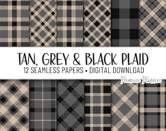 TAN, GREY and BLACK Tartan Digital Paper Pack | Digital Printable Paper | Digital Background | Instant Download Commercial Use | Seamless