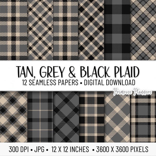 TAN, GREY and BLACK Tartan Digital Paper Pack | Digital Printable Paper | Digital Background | Instant Download Commercial Use | Seamless