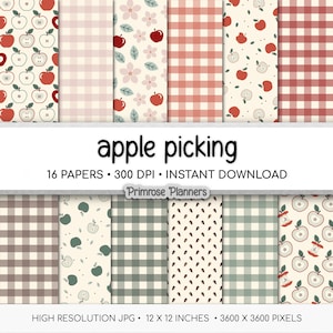 May include: A collection of 16 digital papers featuring apple picking themes, including red and green apple patterns, floral motifs, and gingham checks in various colors. The text reads apple picking, 16 papers, 300 DPI, instant download, Primrose Planners, high resolution JPG, 12 x 12 inches, 3600 x 3600 pixels.