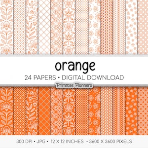 Puede incluir: Una descarga digital de 24 papeles estampados en naranja. Los papeles presentan varios diseños florales y geométricos en blanco sobre un fondo naranja. La palabra "orange" se muestra en el centro. Los papeles miden 30,48 cm x 30,48 cm.