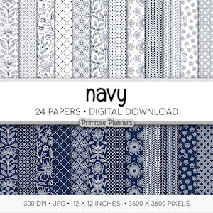 Navy Blue Boho Floral Digital Paper, Minimal White Flower Seamless Patterns, Printable Scrapbook Backgrounds