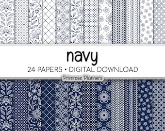 Navy Blue Boho Floral Digital Paper, Minimal White Flower Seamless Patterns, Printable Scrapbook Backgrounds