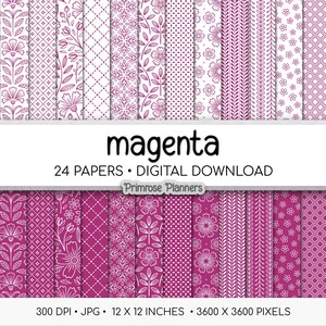 Magenta and White Floral Digital Paper, Minimalist Boho Patterns, Vibrant Fuchsia Scrapbooking, Bold Planner Print