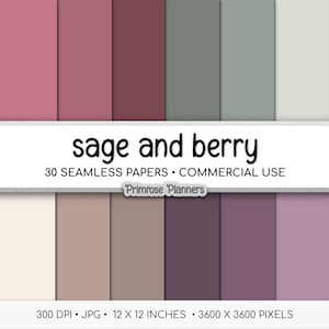 Può includere: Un pacchetto di carta digitale intitolato "sage and berry" con 30 carte senza cuciture in varie tonalità di rosa, viola, verde e beige. L'immagine include il testo "30 carte senza cuciture, uso commerciale" e "12 x 12 pollici" (30,48 x 30,48 cm).