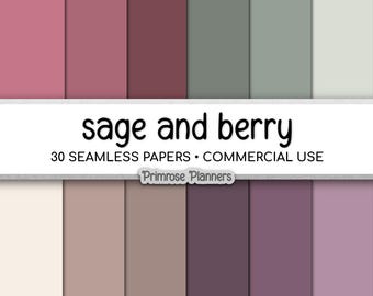 Muted Berry Sage Solid Color Digital Paper Pack | Muted Berry, Plum & Sage Green | Boho Romantic Palette | Seamless 300 DPI Commercial Use