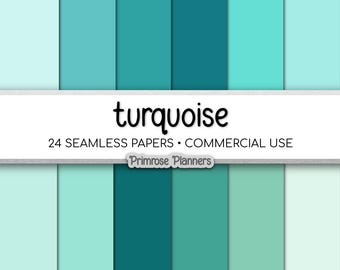 Puede incluir: Una colección digital de 24 papeles sin costuras en varios tonos de turquesa, desde menta pálido hasta verde azulado profundo. La imagen presenta el texto turquoise, 24 SEAMLESS PAPERS, COMMERCIAL USE, Primrose Planners, 300 DPI, JPG, 30,48 X 30,48 CM.