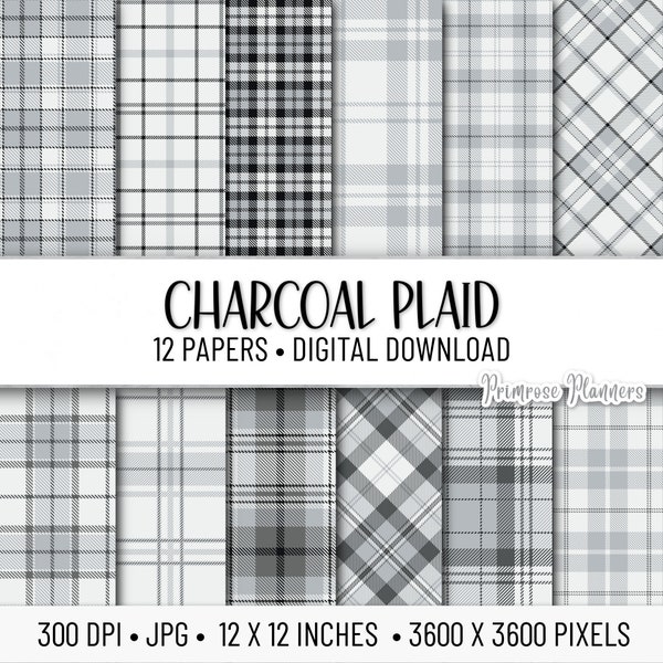 Charcoal Grey Tartan Plaid Digital Paper Pack | Digital Gray Paper | Plaid Digital Paper | Instant Download for Commercial Use | Gray Plaid