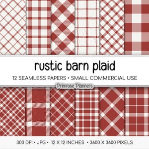 Seamless Barn Red White Plaid Digital Paper, Rustic Farmhouse Tartan, Country Buffalo Check, Primitive Red Backgrounds, Commercial Use