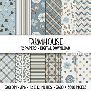 Bauernhaus Digital Paper Pack | Digitales Karopapier | Florales Digitales Papier | Sofortdownload | 30er Jahre Papierpackung | Beige und Blau