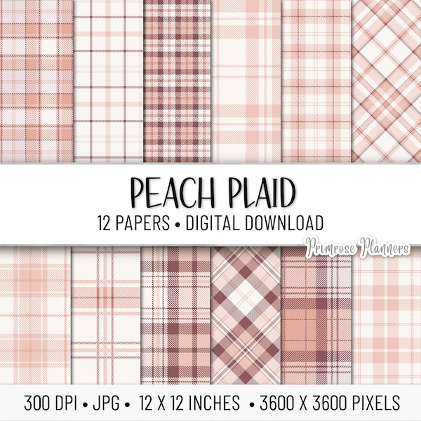Peach Plaid Digital Paper Pack | Digital Tartan Plaid Paper | Peach and Brown Digital Paper | Instant Download | Commercial Use | Pink Plaid