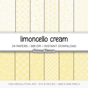 May include: A digital paper pack featuring various patterns in cream and yellow. The text "limoncello cream" is displayed, along with "24 papers" and "12 x 12 inches". The patterns include floral and geometric designs. The image is high resolution.