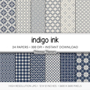 May include: A collection of digital papers with various geometric patterns in navy blue and cream. The image includes the text "indigo ink" and details about the papers, including their size of 12 x 12 inches and resolution.